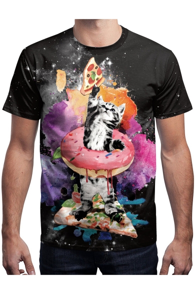 Black Cool 3D Cartoon Pizza Cat Graffiti Unisex Loose Fitted T-Shirt