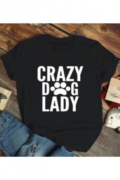 Black Letter CRAZY DOG LADY Printed Short Sleeve Round Neck Chic Slim T-Shirt
