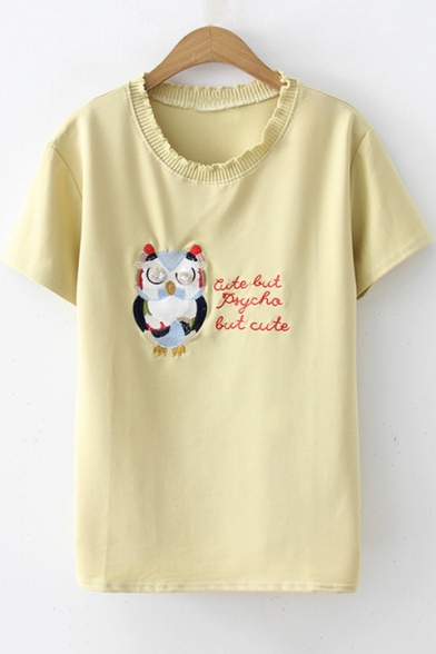 Cartoon Night Owl Letter Embroidered Ruffled Round Neck Short Sleeve T-Shirt