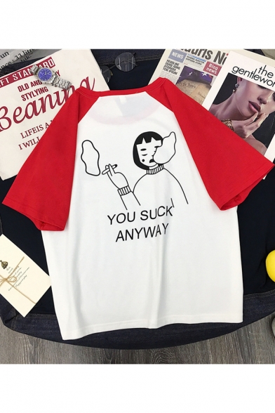 Cartoon Smoking Girl Letter YOU SUCK ANYWAY Colorblock Cotton Loose T-Shirt