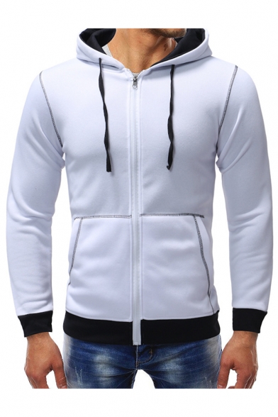 Classic Contrast Trim Long Sleeve Slim Fitted Zip Hoodie with Pockets