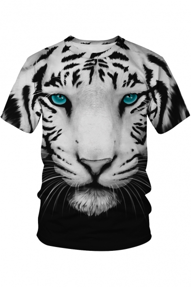 Cool 3D Tiger Pattern Basic Crewneck Short Sleeve Black and White T-Shirt