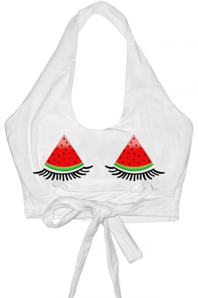 Cute Funny Eyelash Watermelon Pattern Halter Neck Tied Front Cropped White Tank Top