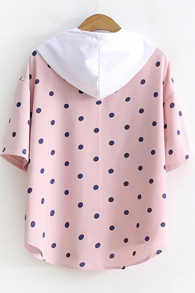Cute Polka Dot Printed Short Sleeve Hooded Button Front Cotton T-Shirt for Students