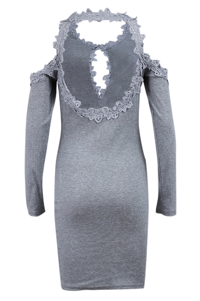 Fancy Crochet Patched Hem Round Neck Cold Shoulder Long Sleeve Plain Mini Bodycon Dress