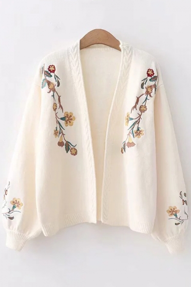 Fancy Floral Embroidered Open Front Long Sleeve Knit Cardigan for Students