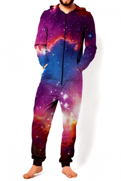 Fashion 3D Purple Galaxy Print Long Sleeve Hooded Zip Up Front Sport Loose Jumpsuit