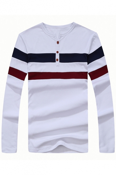 Fashion Colorblock Striped Print Round Neck Long Sleeve Button Front Casual Fitted T-Shirt