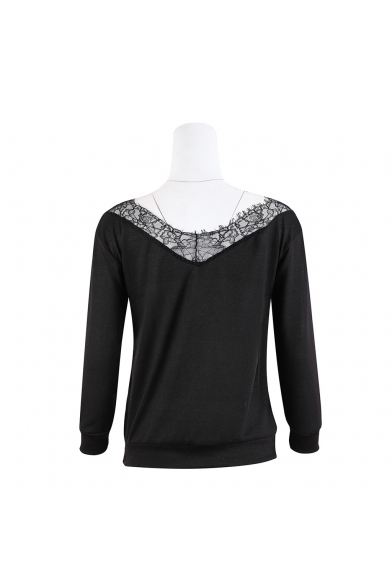 Fashion Sheer Lace-Inserted V-Neck Long Sleeve Basic Plain Pullover Sweater