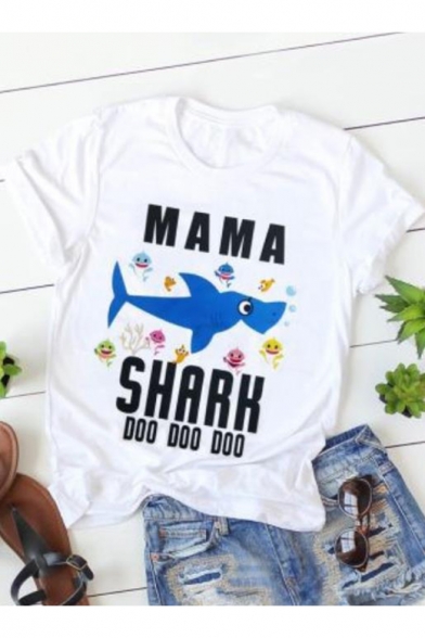 Funny Cartoon Fish Letter Printed Short Sleeve Loose Fitted White T-Shirt