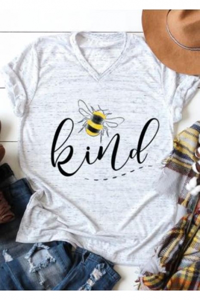 Funny Letter Animal Bee Kind Print Short Sleeve V-Neck Grey T-Shirt