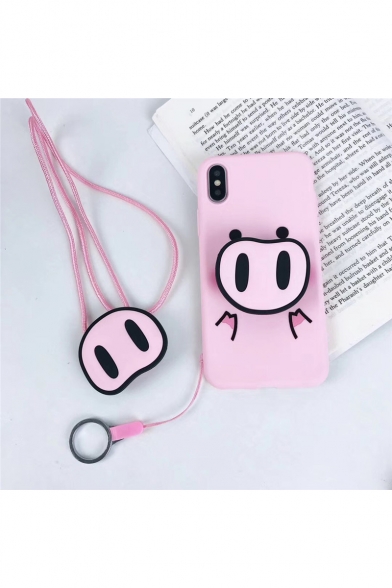Girls Lovely Pink Pig Printed Silicon Mobile Phone Case with Lanyard