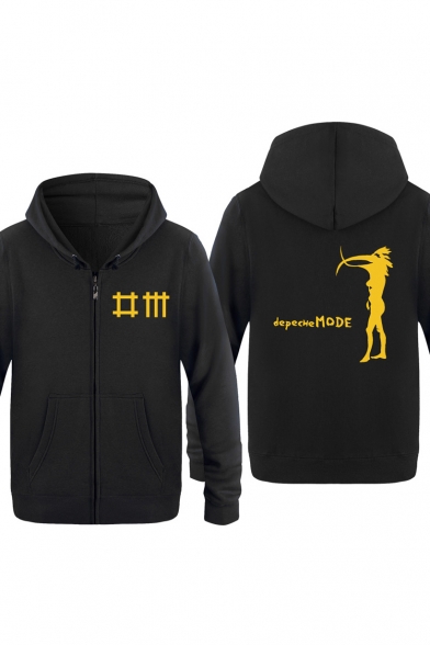 Letter DEPECHE MODE Abstract Figure Print Back Long Sleeve Zip Up Thick Hoodie