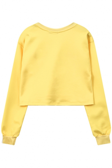 Lovely Yellow Cartoon Printed Round Neck Long Sleeve Pullover Cropped Sweatshirt