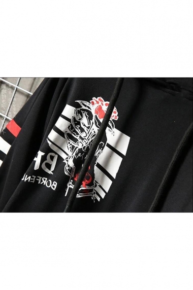 Men's Hip Hop Fashion Striped Hand Floral Printed Colorblock Long Sleeve Relaxed Cozy Hoodie