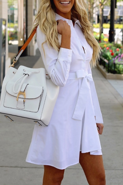 Office Lady Long Sleeve Lapel Collar Plain Bow Embellished Mini White Shirt Dress