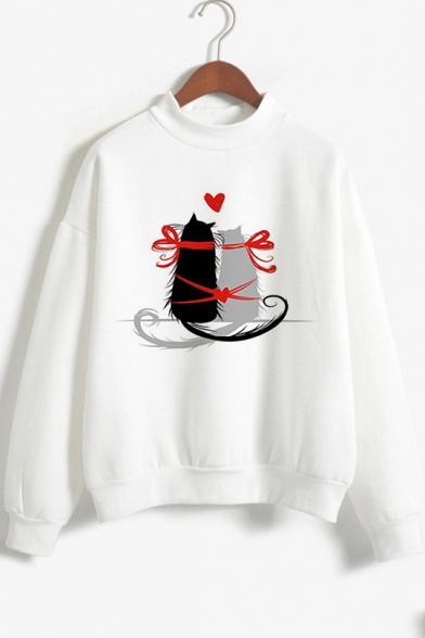 Popular Cartoon Cat Heart Printed Long Sleeve Mock Neck White Pullover Sweatshirt
