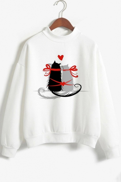 Popular Cartoon Cat Heart Printed Long Sleeve Mock Neck White Pullover Sweatshirt