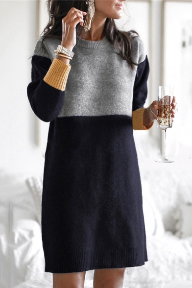 Round Neck Long Sleeve Colorblock Loose Mini Shift Sweater Dress