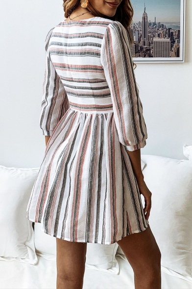 Round Neck Three-Quarter Sleeeve Trendy Striped Printed Mini A-Line Dress