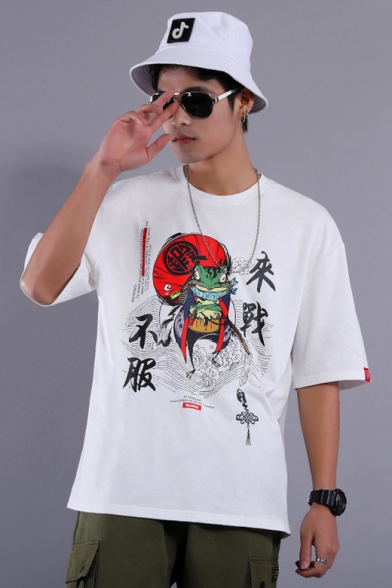 Street Fashion Chinese Character Pepe The Frog Printed Drop Shoulder Half-Sleeved Loose T-Shirt