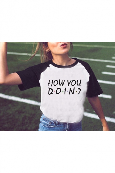 Stylish HOW YOU DOIN Letter Printed Colorblock Round Neck Short Sleeve White T-Shirt