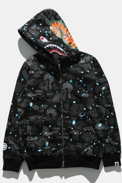 Stylish Letter Embroidered Shark Mouth Print Long Sleeve Galaxy Camouflage Black Zip Up Hoodie for Guys