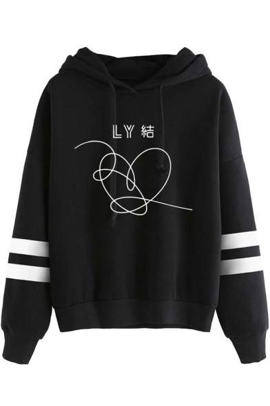 Trendy Letter LY Floral Heart Print Striped Long Sleeve Hoodie