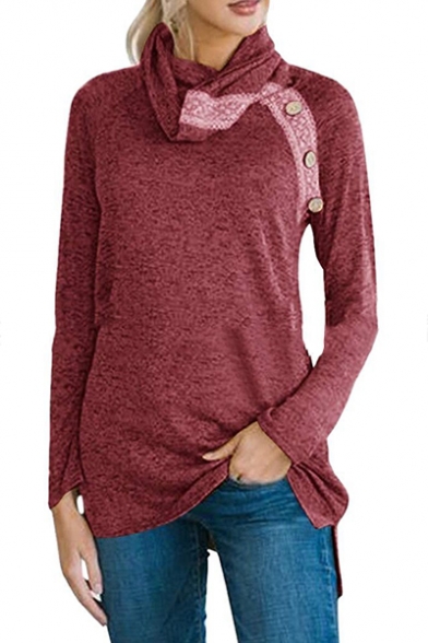Tribal Print Button Embellished Cowl Neck Long Sleeve Loose Fitted T-Shirt
