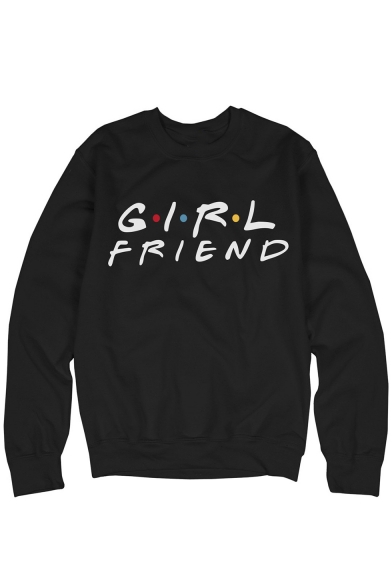Chic Long Sleeve Round Neck Letter GIRL FRIEND Polka Dot Printed Black Cotton Sweatshirt