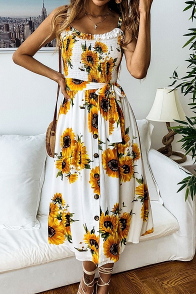 Chic Summer Sunflower Printed Ruffled Hem Bow-Tied Waist Button Front Midi A-Line Cami Dress