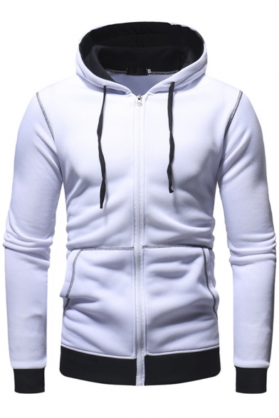Classic Contrast Trim Long Sleeve Slim Fitted Zip Hoodie with Pockets