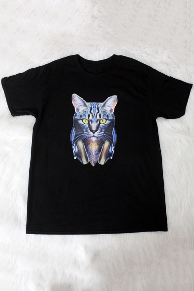 Cool Cat Printed Crewneck Short Sleeve Loose Leisure T-Shirt