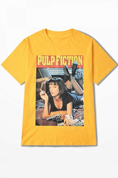 Cool Letter PULP FICTION Smoking Girl Print Round Neck Short Sleeve Cotton Loose Tee
