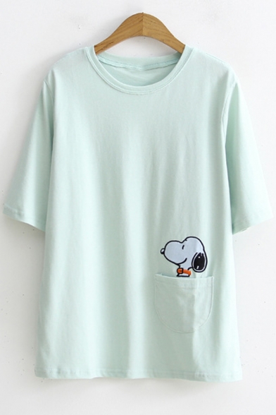 Cute Cartoon Snoopy Pocket Basic Round Neck Short Sleeve Cotton Casual T-Shirt for Students