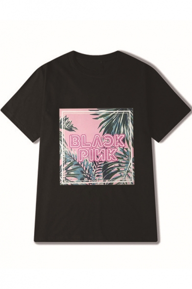 Fashion Band Tropical Print Basic Short Sleeve Casual T-Shirt