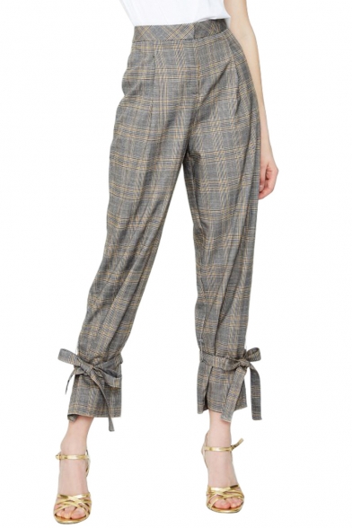 

Fashion Classic Grey Plaid Printed Chic Bow-Tied Cuff Tapered Capris Pants, LM499902