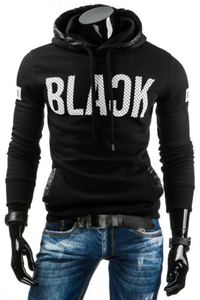 Fashion Classic Letter BLACK Pattern Long Sleeve PU Patched Trim Pullover Fitted Hoodie for Guys