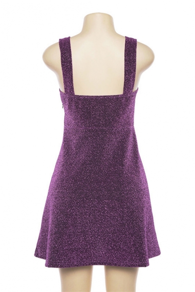 Fashion Zip Front Wide Straps Stylish Mini A-Line Purple Sequined Cami Dress for Party