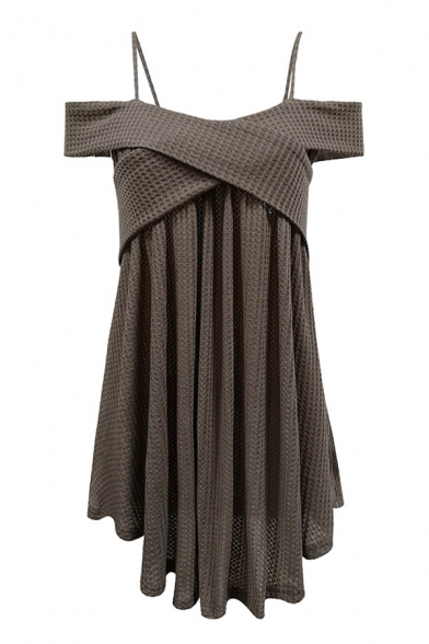 Fashionable Spaghetti Straps Short Sleeve Plain Khaki Knit Mini Dress