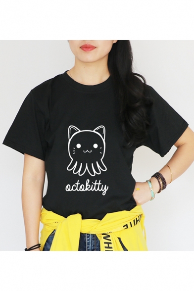 Funny Cartoon Cat Letter Printed Short Sleeve Round Neck Tee