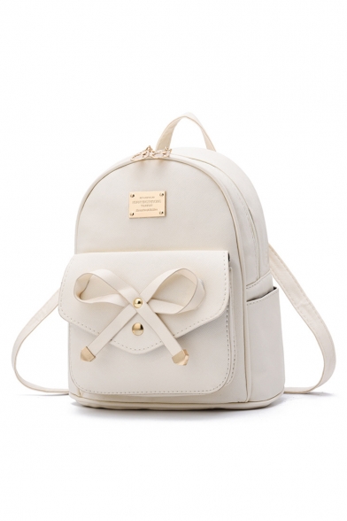 Girls Lovely Bow-Tied Embellished Simple PU Backpack 22*13*24cm
