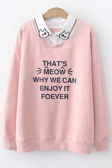 Lovely Cartoon Cat Embroidered Lapel Collar Patched Long Sleeve Letter Printed Pullover Sweatshirt