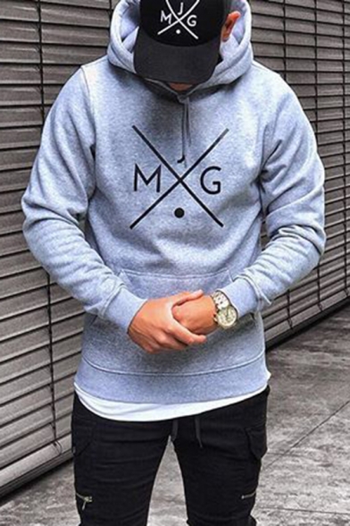 Men's Basic Simple Letter JMG Printed Long Sleeve Sports Fit Cotton Hoodie