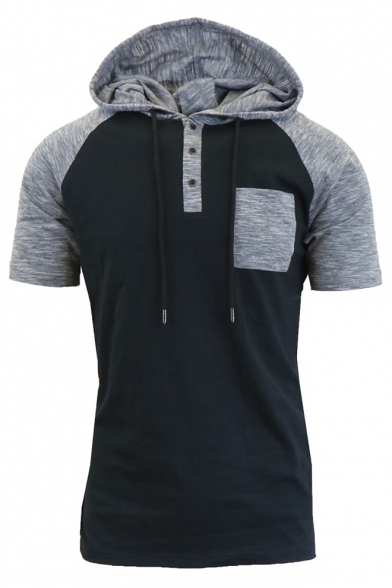 Men's Casual Leisure Short Sleeve Colorblock Button-Embellished Front Pocket Chest Hoodie