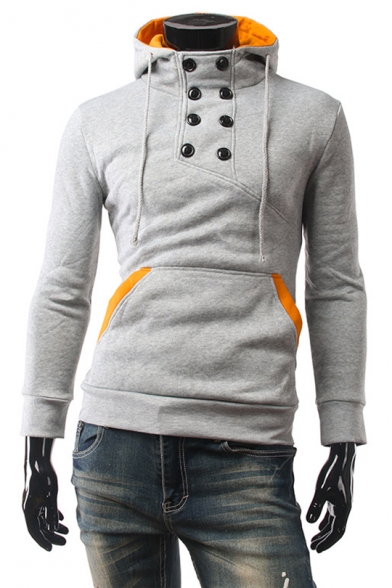 Men's Chic Fashion Double-Breasted Contrast Trim Long Sleeve Fitted Drawstring Hoodie