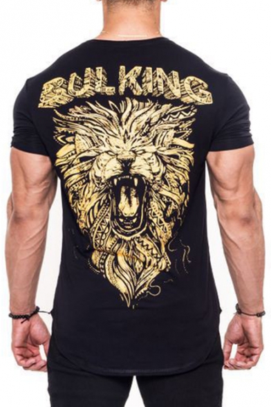 Men's Cool Letter BUL KING Lion Printed Training Fitness Round Hem Fitted Cotton T-Shirt