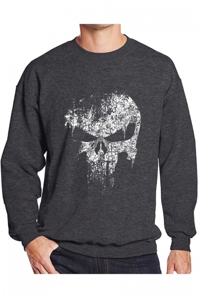 Men's Hot Popular Skull Printed Crewneck Long Sleeve Casual Leisure Pullover Sweatshirt