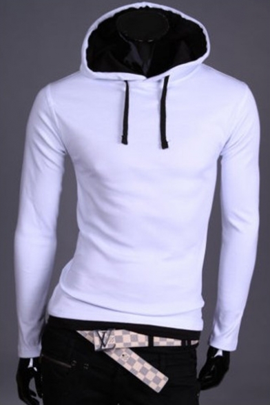 Men's New Trendy Basic Simple Contrast Trim Long Sleeve Slim Fitted Drawstring Hoodie