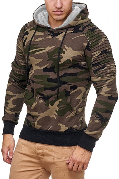 Men's Stylish Camouflage Printed Pleated Long Sleeve Slim Fit Drawstring Hoodie